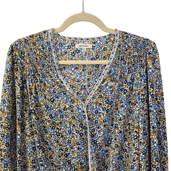 Max Studio Floral Faux Wrap Bodice Smocked Blouse Size Small - Picture 4 of 7
